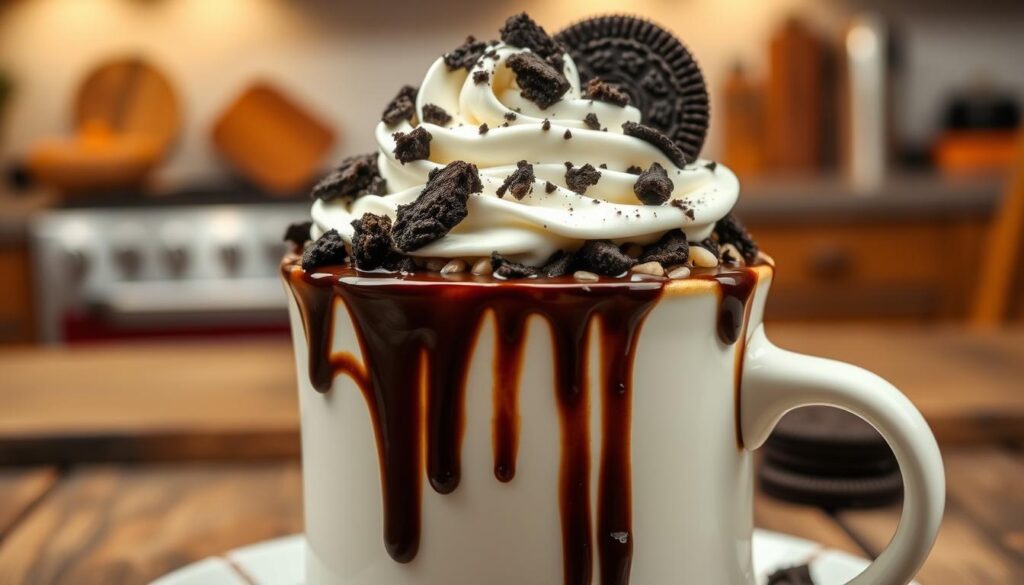 oreo mug cake with toppings